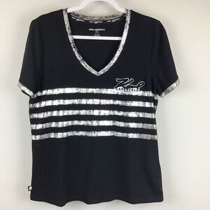 Karl Lagerfeld Paris Black & Silver Foil Stripe Shirt | Medium
